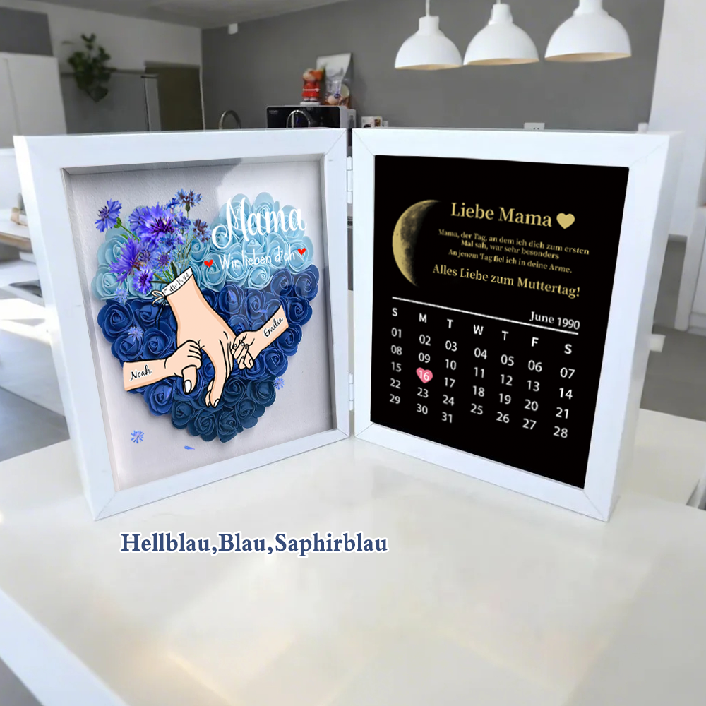 Ewige Familienliebe – Personalisierter 3D-Blumenschaukasten für Mama & Oma mit echten Mondphasen und Jahrestagskalender(nachhaltig hergestellt）