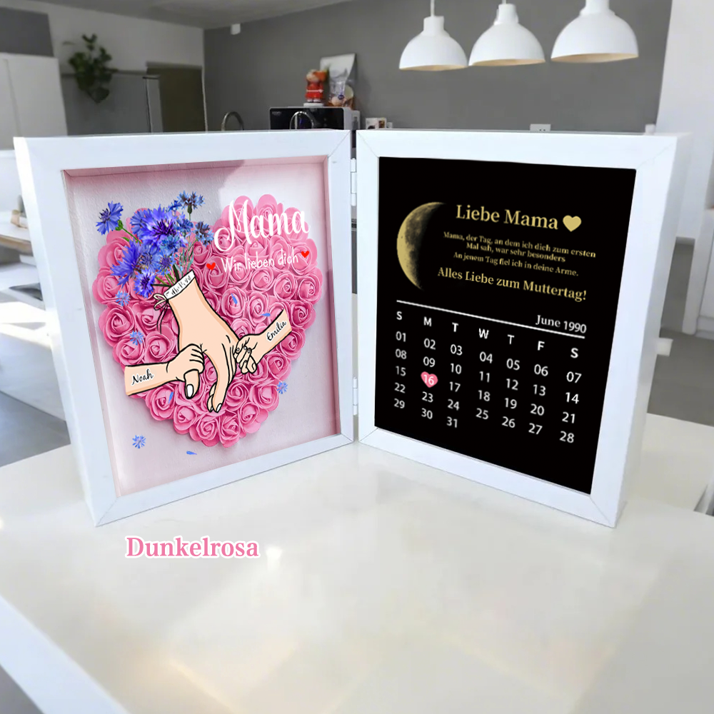 Ewige Familienliebe – Personalisierter 3D-Blumenschaukasten für Mama & Oma mit echten Mondphasen und Jahrestagskalender(nachhaltig hergestellt）