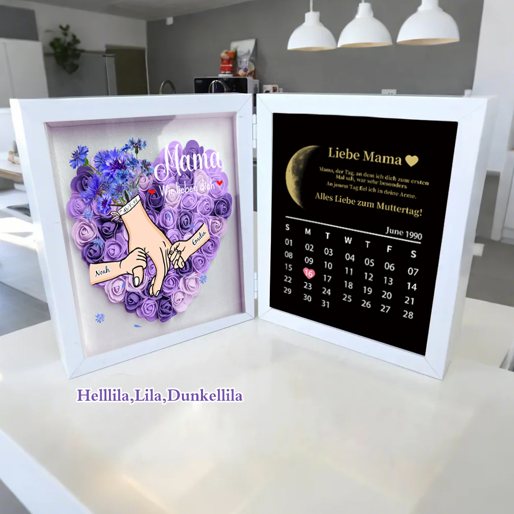 Ewige Familienliebe – Personalisierter 3D-Blumenschaukasten für Mama & Oma mit echten Mondphasen und Jahrestagskalender(nachhaltig hergestellt）