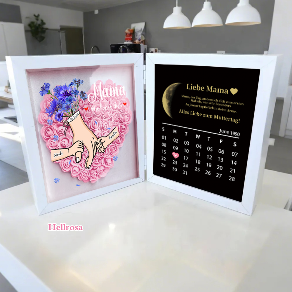 Ewige Familienliebe – Personalisierter 3D-Blumenschaukasten für Mama & Oma mit echten Mondphasen und Jahrestagskalender(nachhaltig hergestellt）