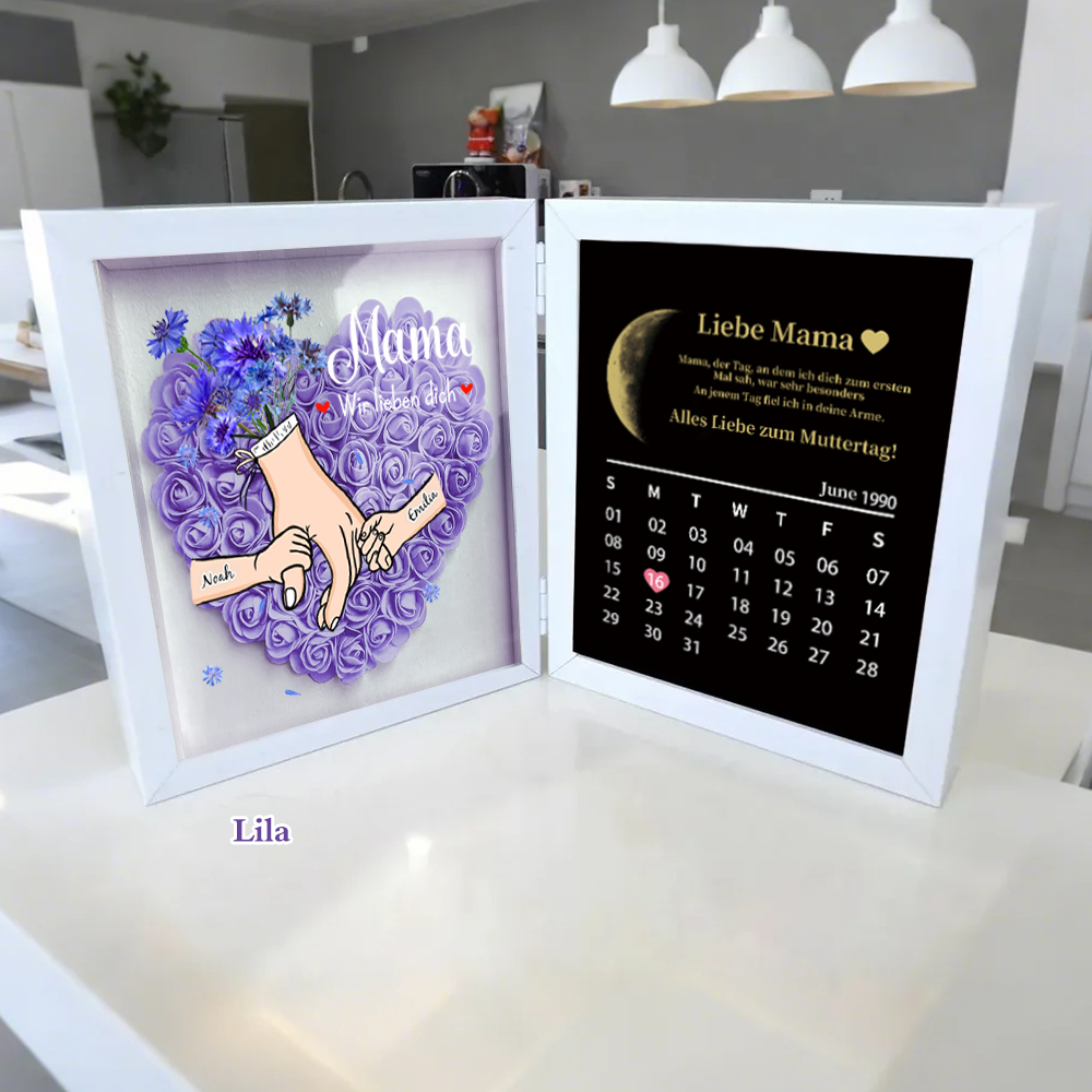 Ewige Familienliebe – Personalisierter 3D-Blumenschaukasten für Mama & Oma mit echten Mondphasen und Jahrestagskalender(nachhaltig hergestellt）