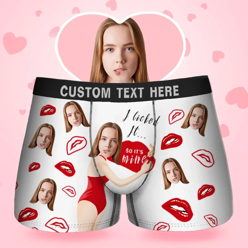 Herren-Boxershorts mit individuellem Gesicht „Come Baby I Licked It So It's Mine“, Geburtstagsgeschenke für Ehemann, Boxer-Geschenk mit Bundtext