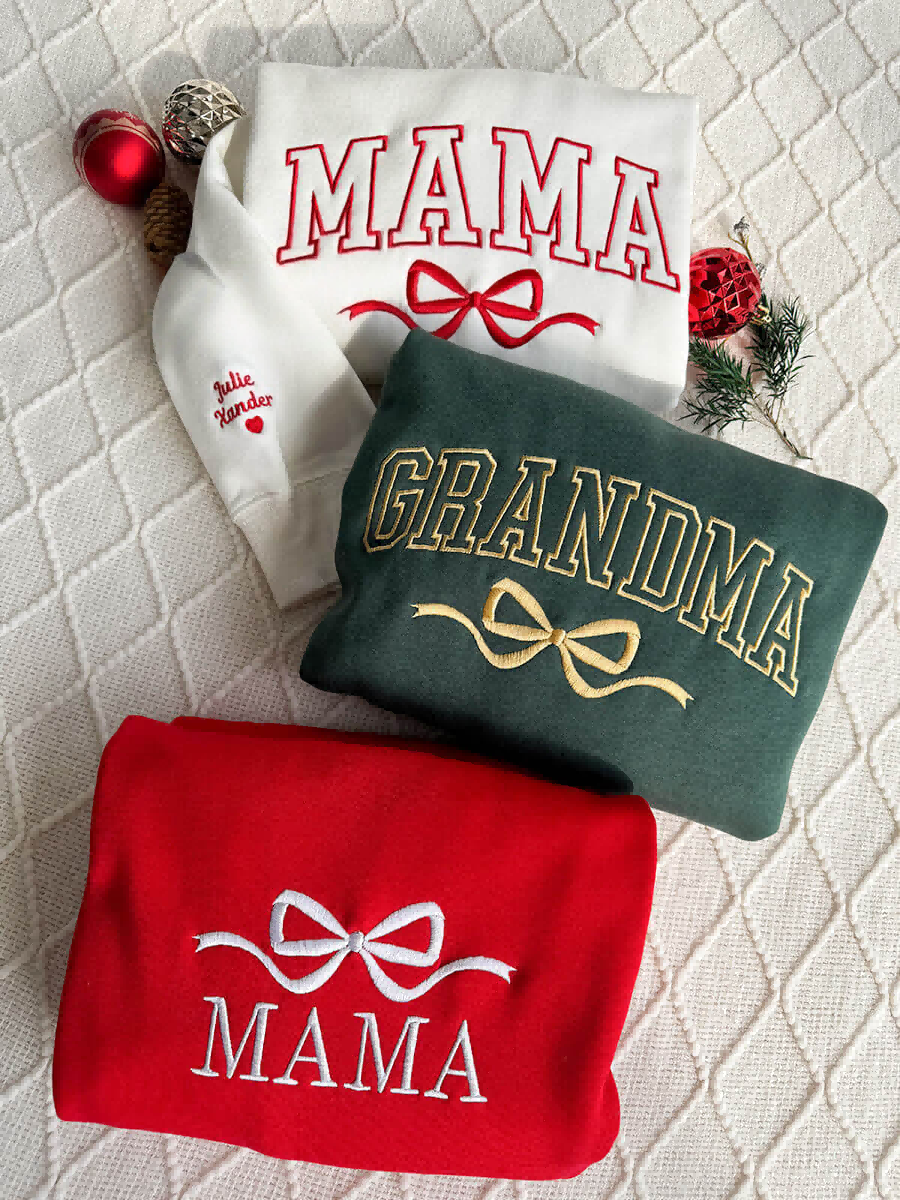 Besticktes Mama Schleifen-Sweatshirt mit Kindernamen, Geschenkidee für Mama