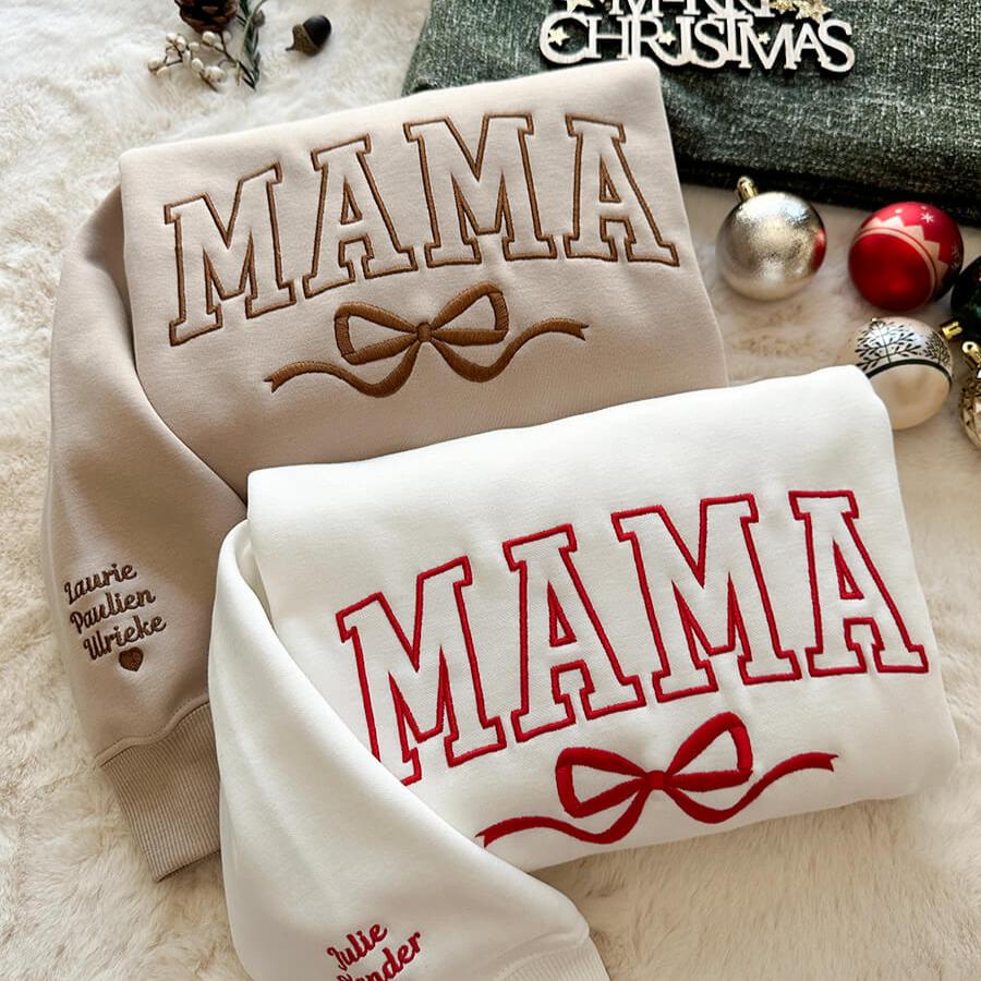Besticktes Mama Schleifen-Sweatshirt mit Kindernamen, Geschenkidee für Mama