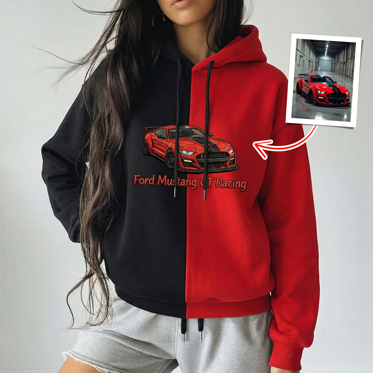 Maßgeschneiderter zweifarbiger Sweatshirt mit Auto-Stickerei – Personalisiertes Fahrzeug-Design 🚗