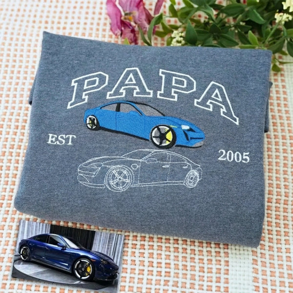Sweatshirt oder Hoodie mit individueller Autobestickung nach Foto, Autoname auf der Brust, Geschenk für Autoliebhaber, Papa