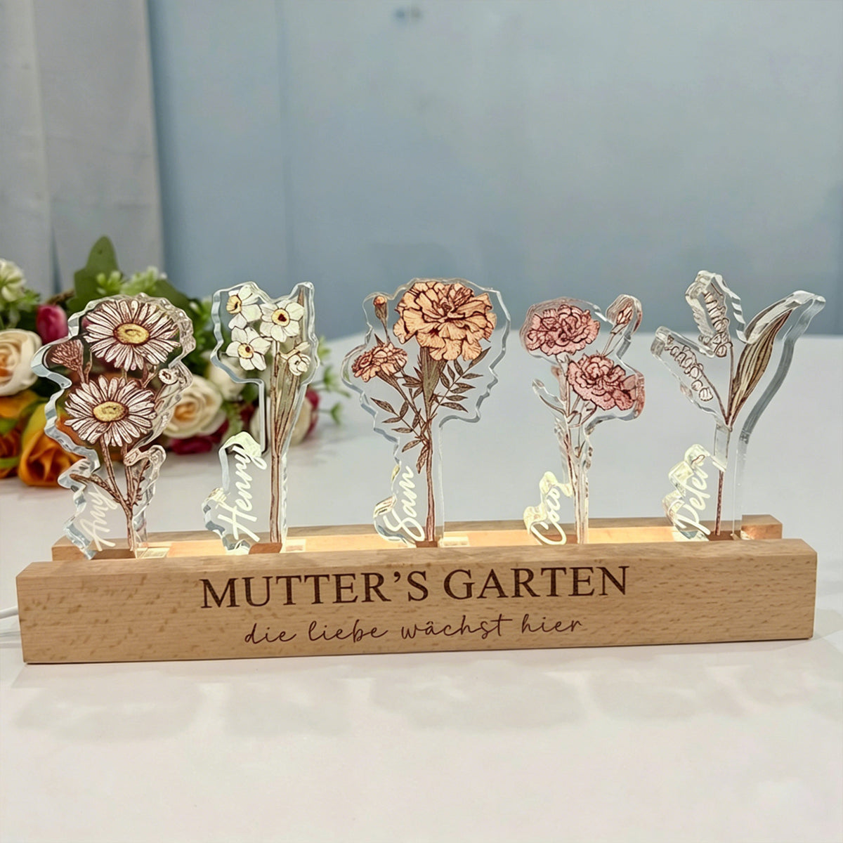 Persönlichkeitsbezogenes Geburtsblumen-3D-Kristall-Acryl-LED-Licht mit den Namen der Kinder