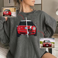Individuelles Autofoto auf den Hoodie gestickt – Bestickter Auto-Hoodie für Autoliebhaber