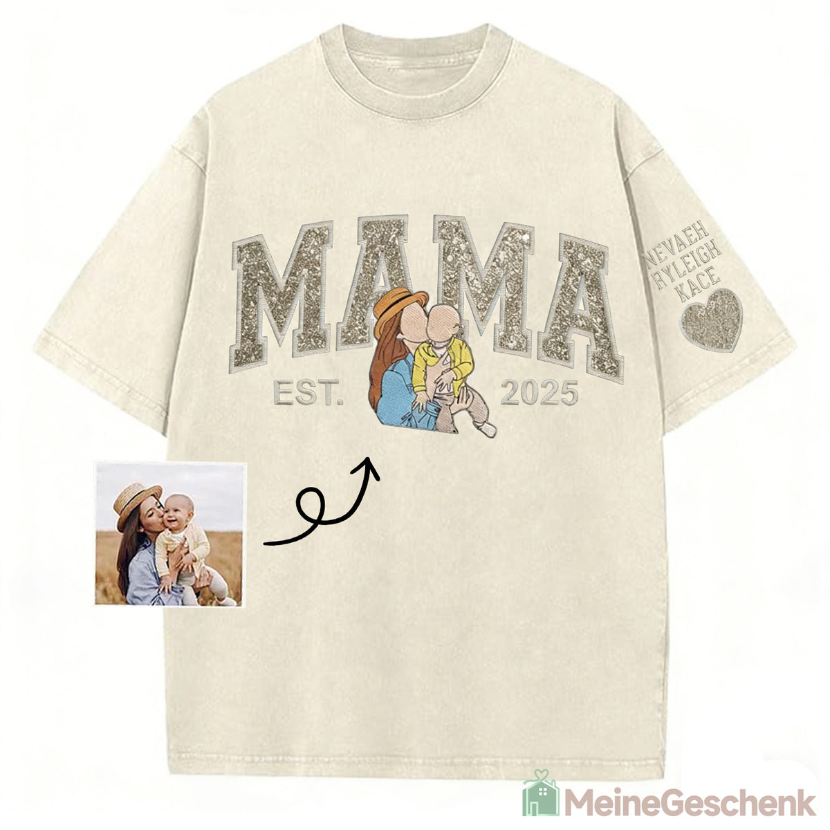 Meinegeschenk Personalisiertes Mama Kids Porträt-Glitzerstickerei Waschungs T-Shirt