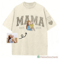 Meinegeschenk Personalisiertes Mama Kids Porträt-Glitzerstickerei Waschungs T-Shirt