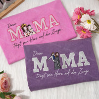 Diese Mama trägt ihr Herz auf der Zunge, Personalisiertes Mama Kinder Porträt Glitzerstickerei Waschungs T-Shirt