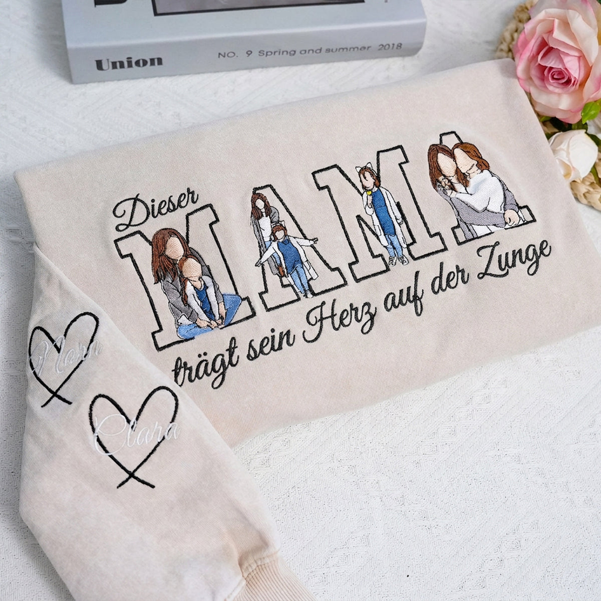 Trag dein Herz auf dem Ärmel – Personalisiertes Mama-Sweatshirt mit bestickten Kindernamen