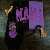 Individuell gestaltetes, zweifarbiges, schimmerndes, besticktes Mama-Sweatshirt, das mit dem Namen Ihres Kindes bestickt werden kann