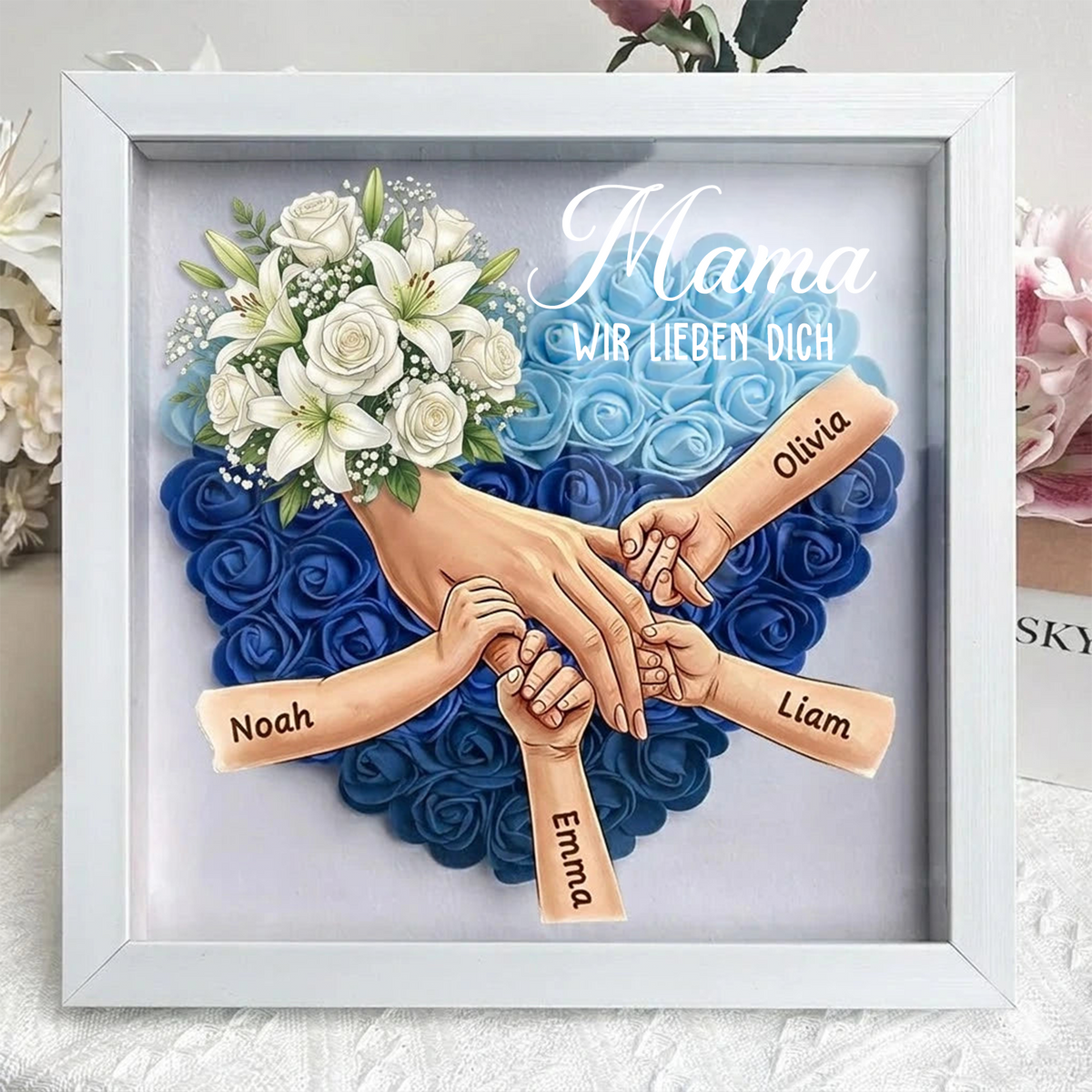 Personalisierte Erinnerungsbox „Wir sind immer bei dir“ – Individuell gestalteter Rahmen mit Händchen haltenden Müttern, Geschenk zum Muttertag