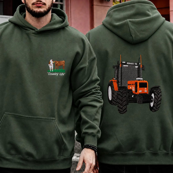 Bestickter Hoodie mit individuellem Traktorenmotiv - personalisiertes Logo auf der Vorderbrust & Traktorenmotiv auf der Rückseite