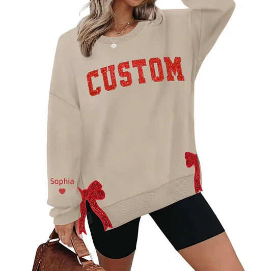 Benutzerdefiniertes Weihnachts-Sweatshirt mit bestickter Schleife, Sweatshirt mit seitlicher Schleife und Applikation, Glitzer-Weihnachts-Sweatshirt