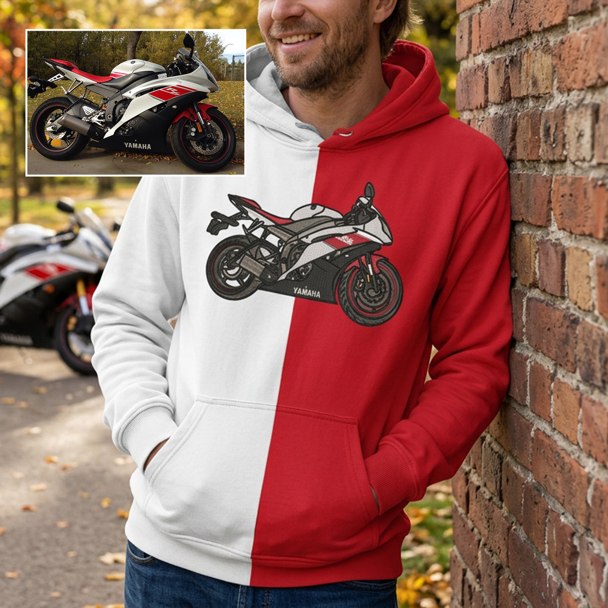 Maßgeschneiderter zweifarbiger Hoodie mit Motorrad-Stickerei – Personalisiertes Motorrad-Design 🏍️