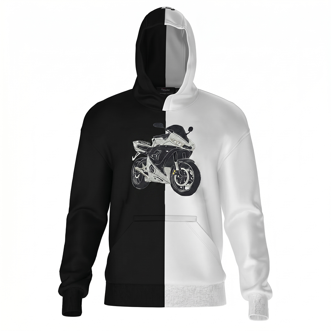 Maßgeschneiderter zweifarbiger Hoodie mit Motorrad-Stickerei – Personalisiertes Motorrad-Design 🏍️