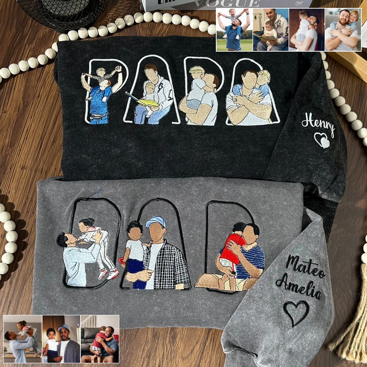 Individuell besticktes Foto T-Shirt, Sweatshirt, Hoodie, personalisiertes Familienporträt – Geschenk zum Vatertag oder Muttertag für Mama und Papa