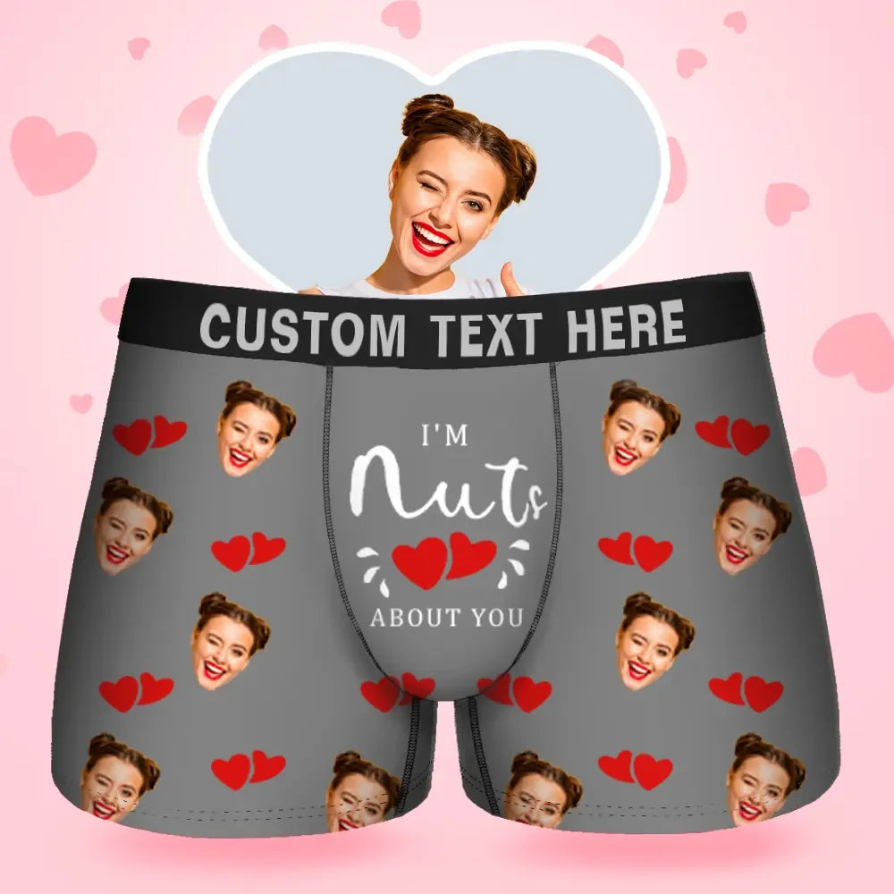 Benutzerdefinierte Gesichts-Herren-Boxershorts im I'M Nuts About You-Stil, Unterwäsche, Geburtstagsgeschenke für Ehemann, Boxer-Geschenk mit Bundtext