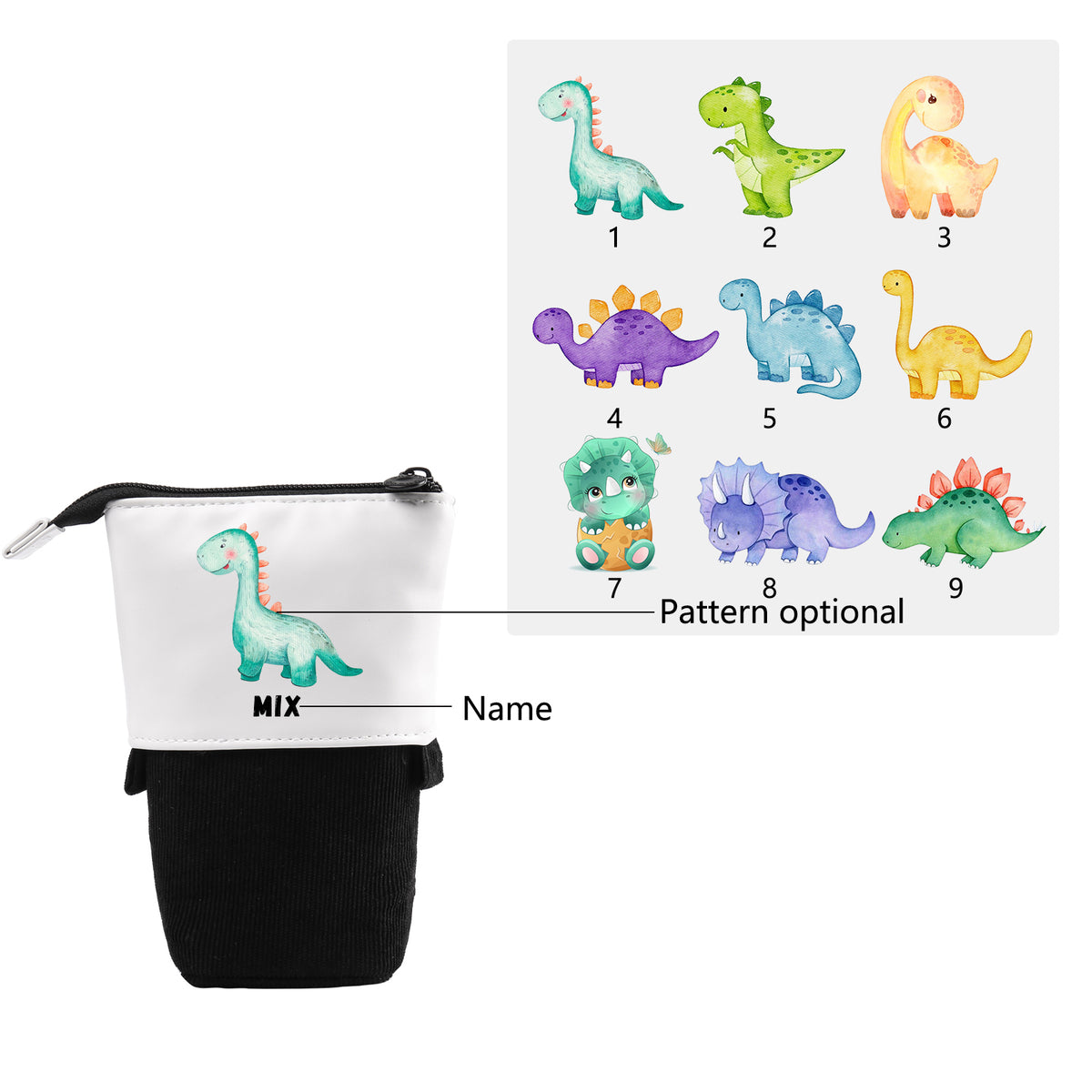 Personalisierter Name & Dinosauriertyp Leinwand PU-Leder Stifteetui Stifttasche