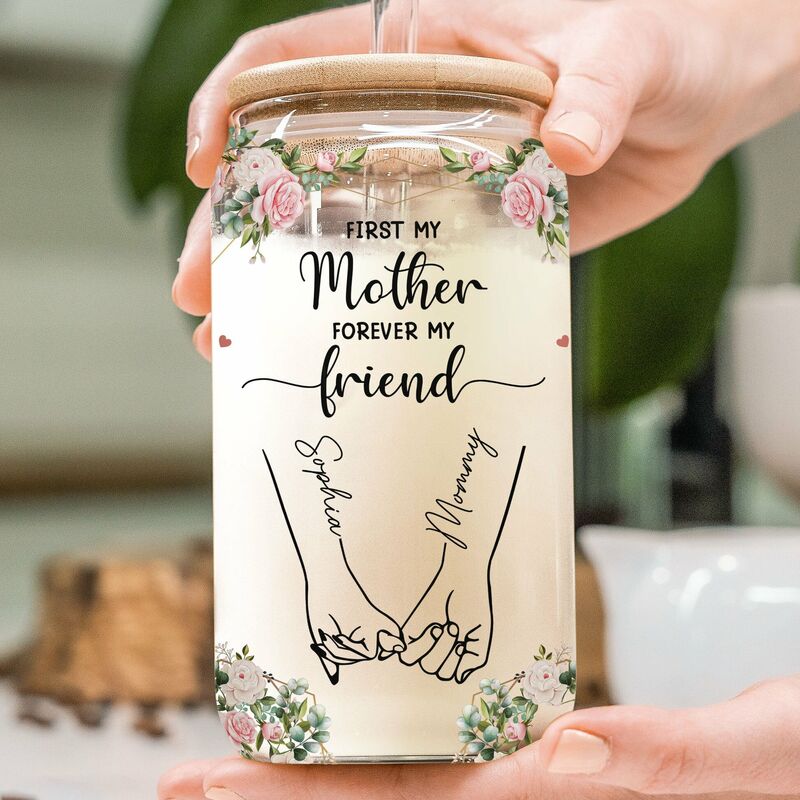 Personalisierte Namen Glastasse mit Deckel und Strohhalm Warmes Geschenk für Mama "Für immer mein Freund"