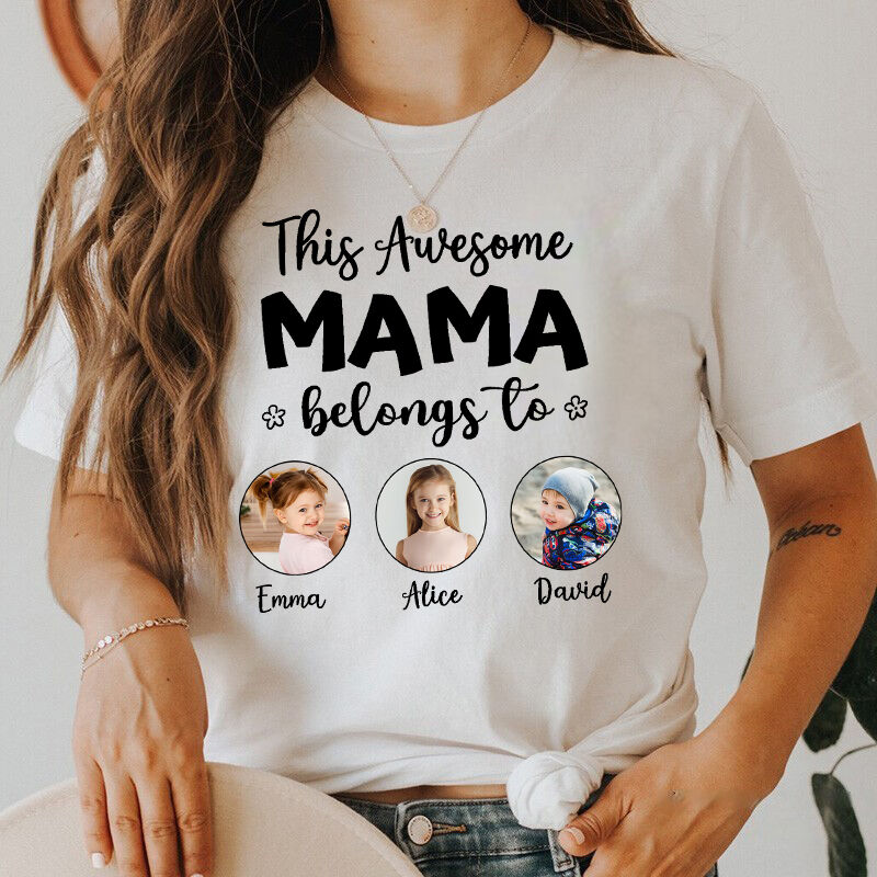 Personalisiertes T-Shirt This Awesome Mama Belongs To mit eigenen Fotos Perfektes Muttertagsgeschenk