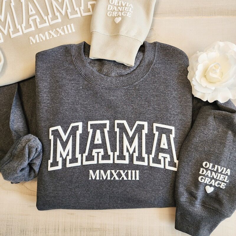 Personalisiertes Sweatshirt Puff Druck Mama Design mit individuellem Datum und Namen Warmes Geschenk zum Muttertag