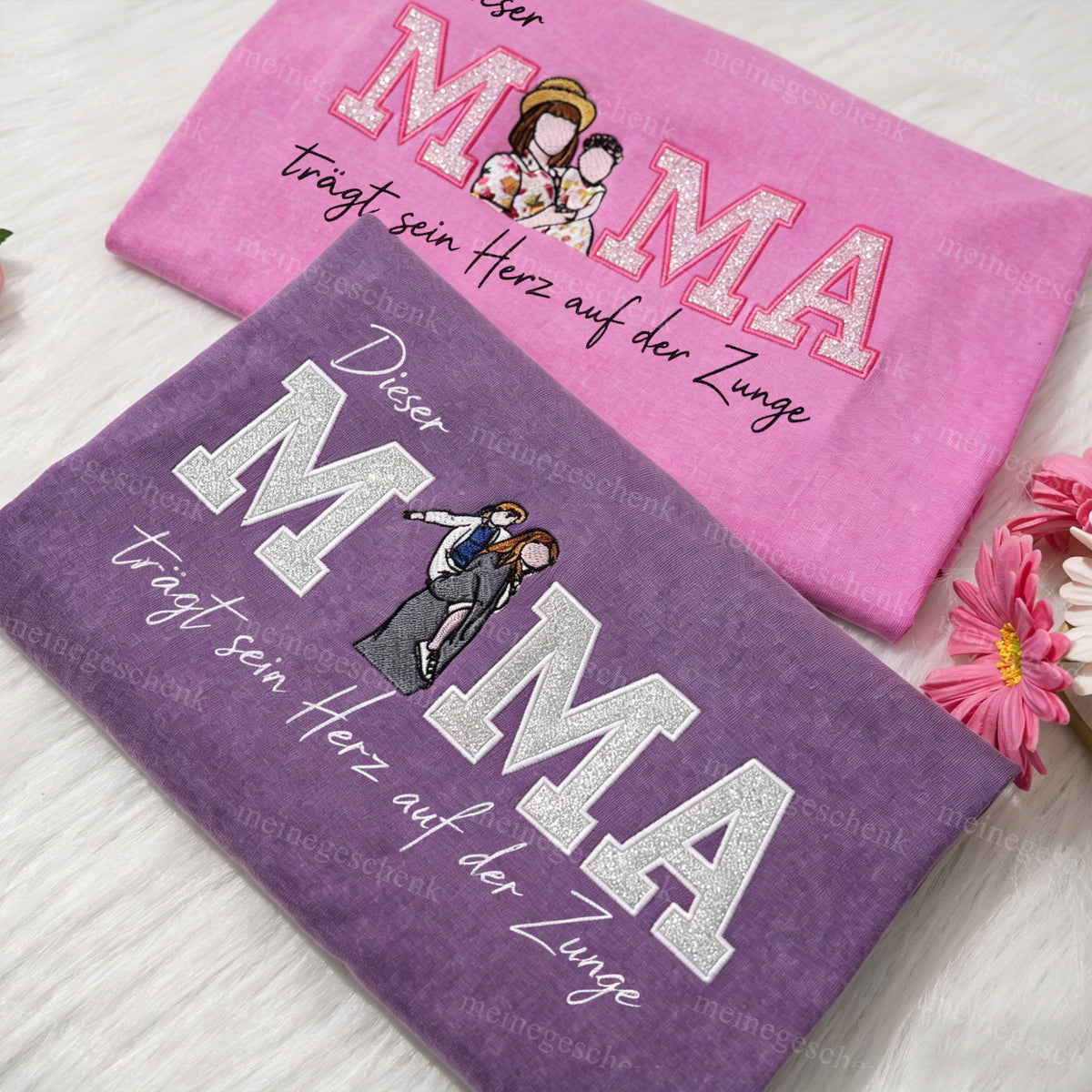 Diese Mama trägt ihr Herz auf der Zunge, Personalisiertes Mama Kinder Porträt Glitzerstickerei Waschungs T-Shirt