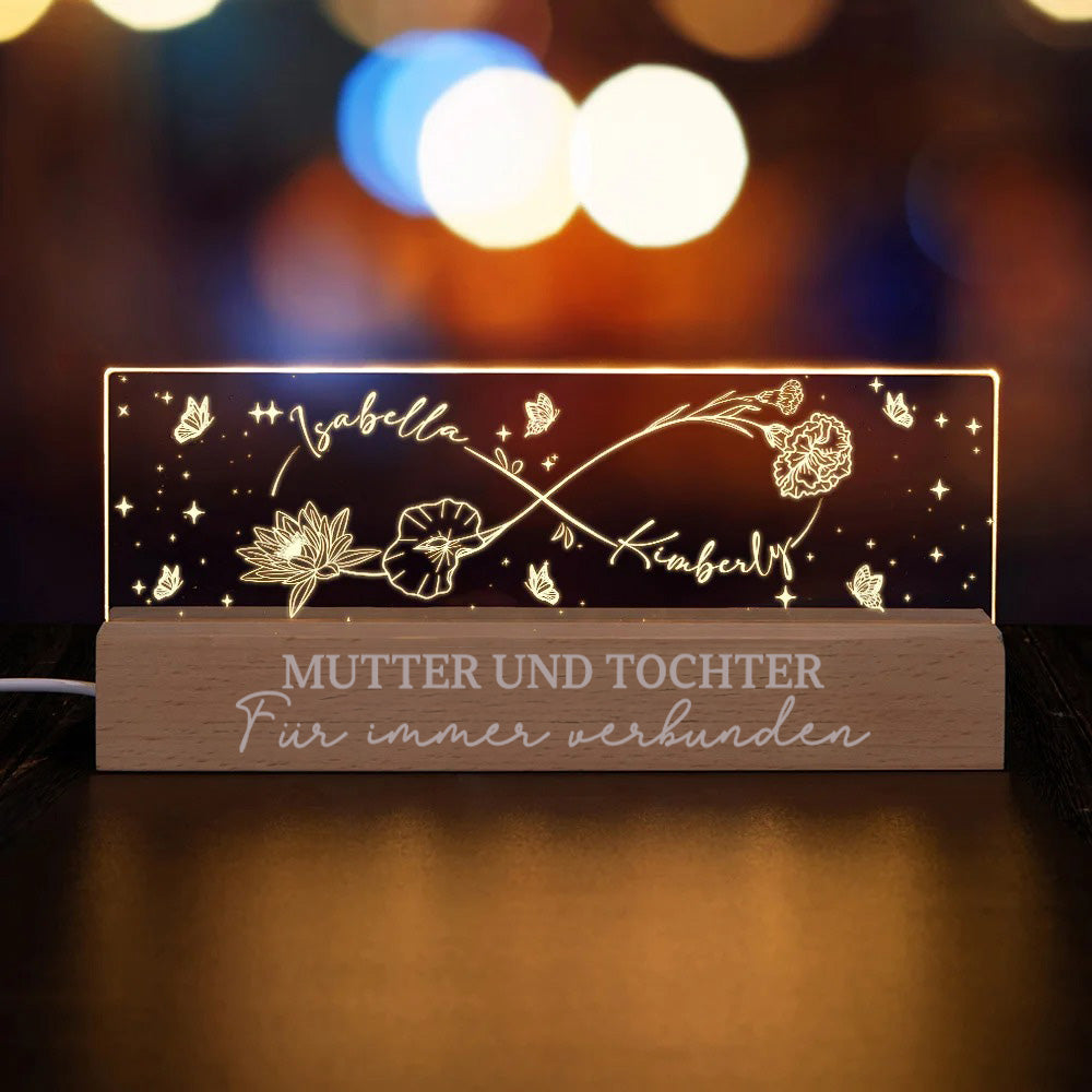 Personalisiertes LED-Nachtlicht mit Linien-Geburtsblume und Unendlichkeits-Design mit Namen und Text, Muttertag, Heimdekoration, Geburtstagsgeschenk für Mama und Oma