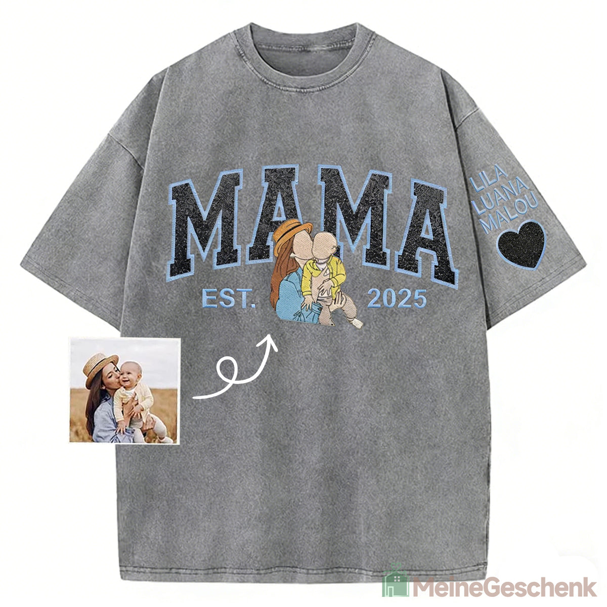 Meinegeschenk Personalisiertes Mama Kids Porträt-Glitzerstickerei Waschungs T-Shirt