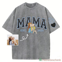 Meinegeschenk Personalisiertes Mama Kids Porträt-Glitzerstickerei Waschungs T-Shirt