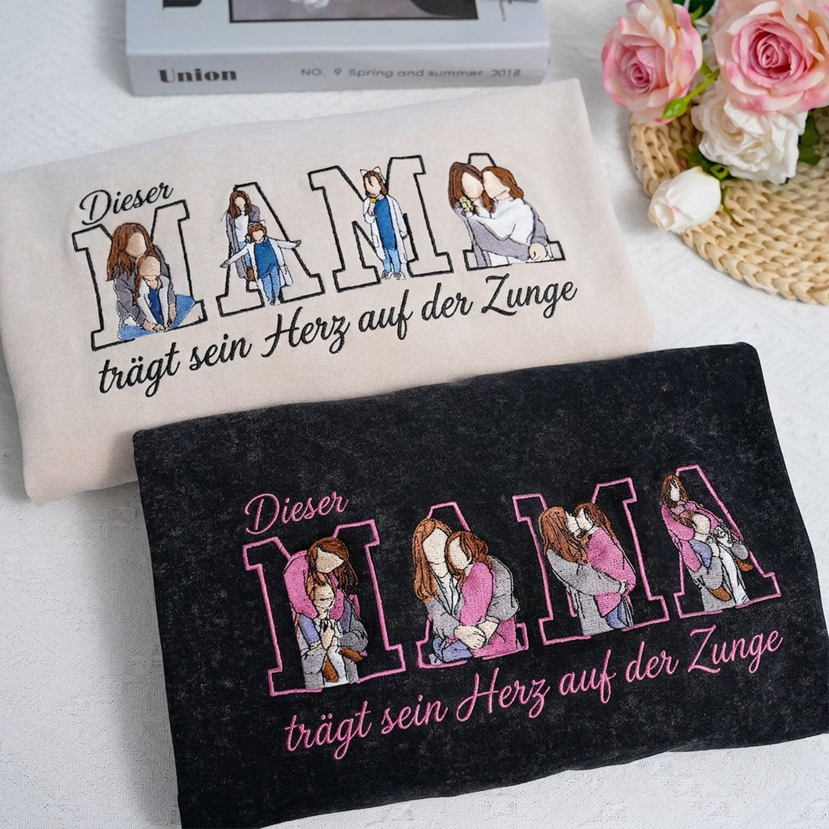Trag dein Herz auf dem Ärmel – Personalisiertes Mama-Sweatshirt mit bestickten Kindernamen