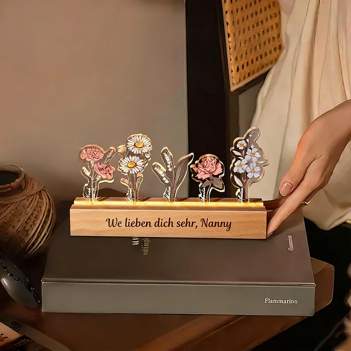 Persönlichkeitsbezogenes Geburtsblumen-3D-Kristall-Acryl-LED-Licht mit den Namen der Kinder