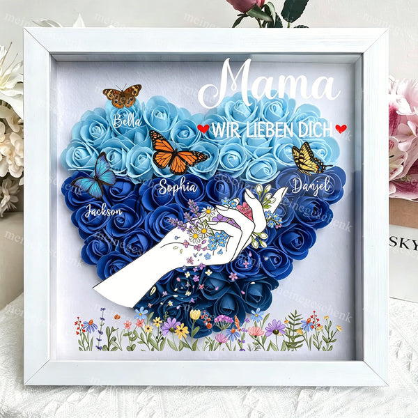 Personalisierter Bilderrahmen mit Rose & Schmetterling, Gravur mit den Namen der Familienmitglieder – Das Geschenk für Mama