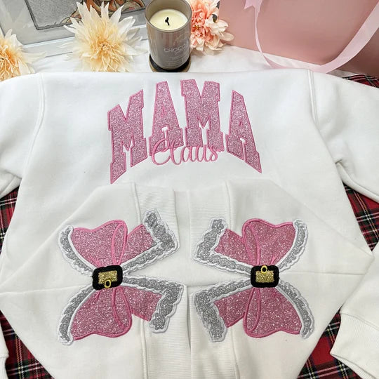 Personalisiertes Mama-Sweatshirt mit Glitzer-Seitenschleife und Stickerei