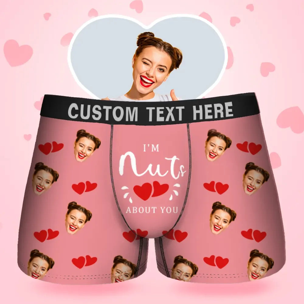 Benutzerdefinierte Gesichts-Herren-Boxershorts im I'M Nuts About You-Stil, Unterwäsche, Geburtstagsgeschenke für Ehemann, Boxer-Geschenk mit Bundtext