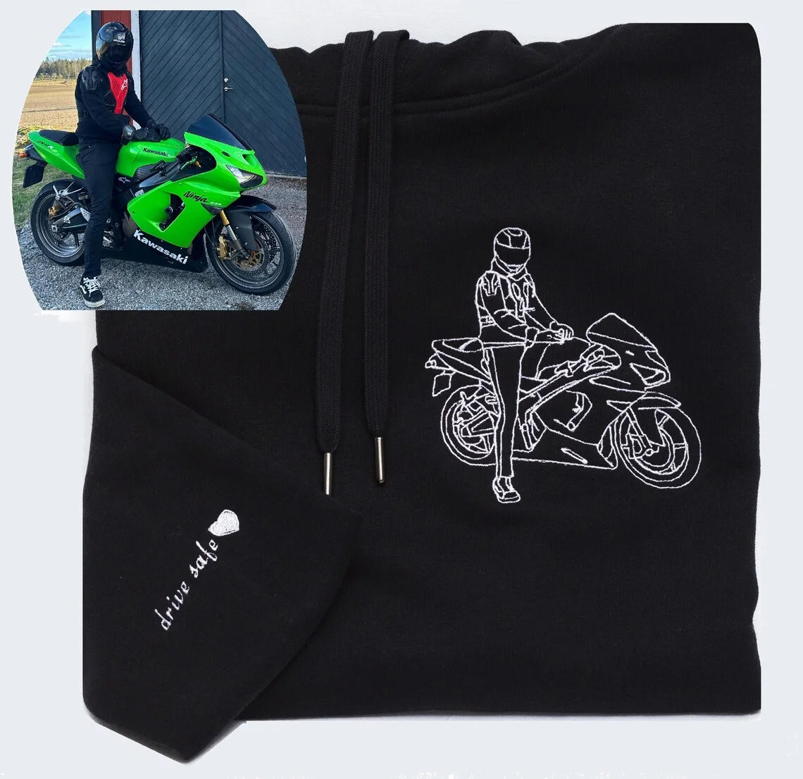 Individuell bestickter Motorrad-Hoodie, personalisiertes Biker-Geschenk für ihn, individuelle Motorrad-Umrisszeichnung nach Foto