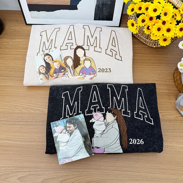 Mama-Sweatshirt mit Foto, individuell besticktes Rundhals-Sweatshirt mit Mama- und Kinderporträt, Muttertagsgeschenk, perfektes Geschenk für Mama