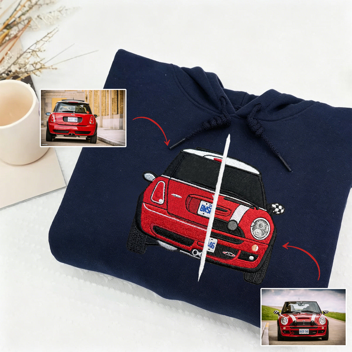Individuelles Autofoto auf den Hoodie gestickt – Bestickter Auto-Hoodie für Autoliebhaber