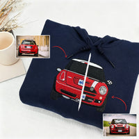 Individuelles Autofoto auf den Hoodie gestickt – Bestickter Auto-Hoodie für Autoliebhaber