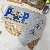 Individuell gestaltete Sweatshirts oder Kapuzenpullover mit gestickten Porträts von Vätern, Dieser Papa trägt sein Herz auf der Zunge