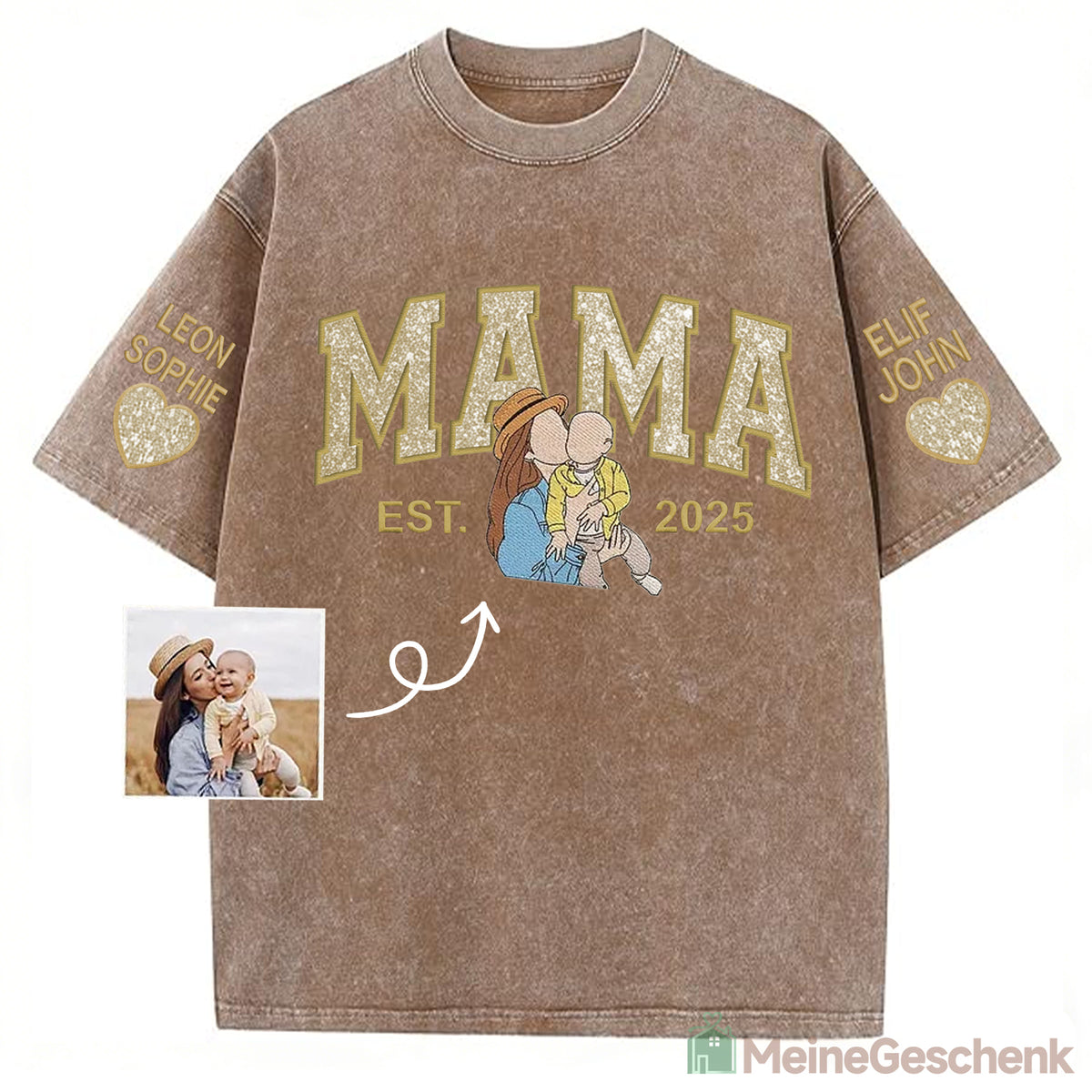Meinegeschenk Personalisiertes Mama Kids Porträt-Glitzerstickerei Waschungs T-Shirt