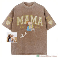 Meinegeschenk Personalisiertes Mama Kids Porträt-Glitzerstickerei Waschungs T-Shirt