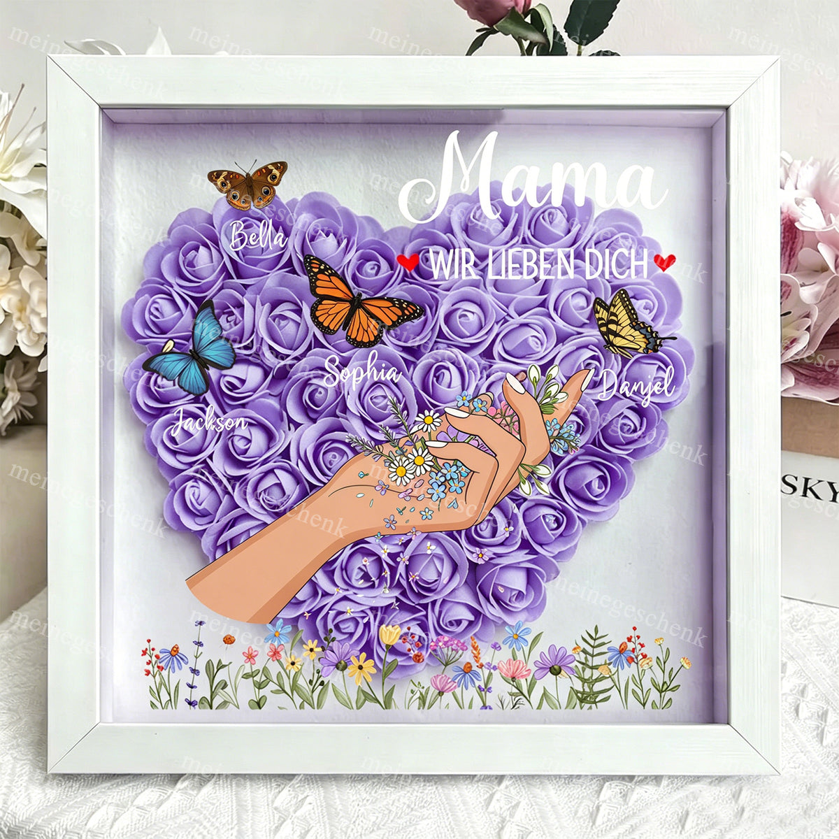 Personalisierter Bilderrahmen mit Rose & Schmetterling, Gravur mit den Namen der Familienmitglieder – Das Geschenk für Mama