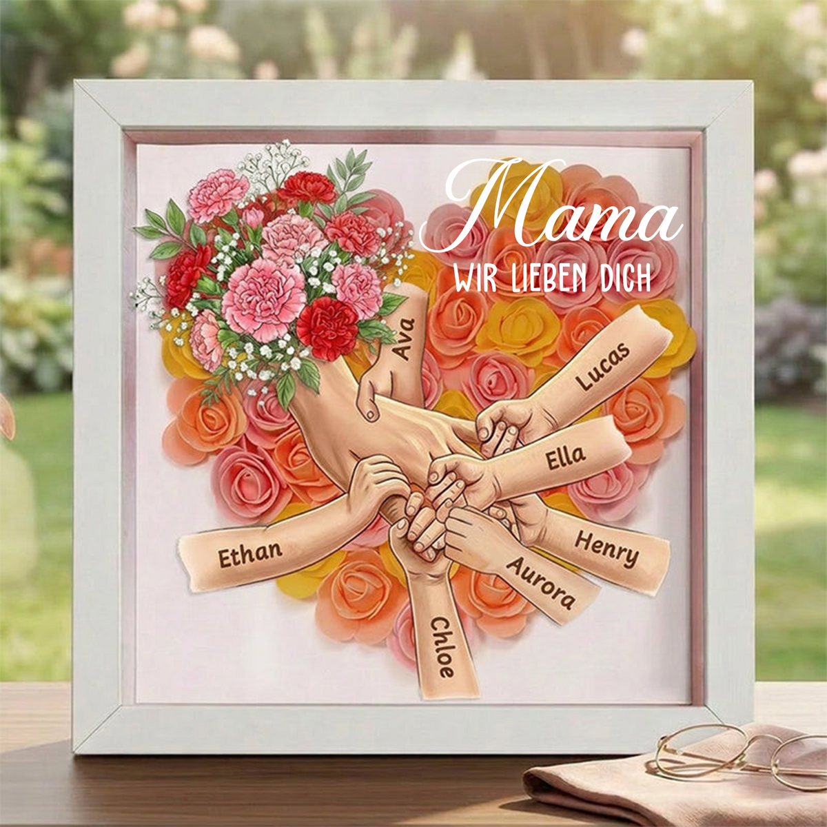 Personalisierte Gedenkbox „Mama hält Hände“ mit Nelkenmotiv – Individuell gestaltbarer Erinnerungsrahmen, Geschenk zum Muttertag in liebevoller Erinnerung