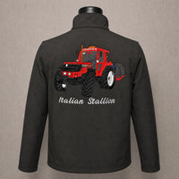Bestickte Softshell-Jacke mit individuellem Traktorenmotiv - personalisiertes Traktoren-Design & individueller Text