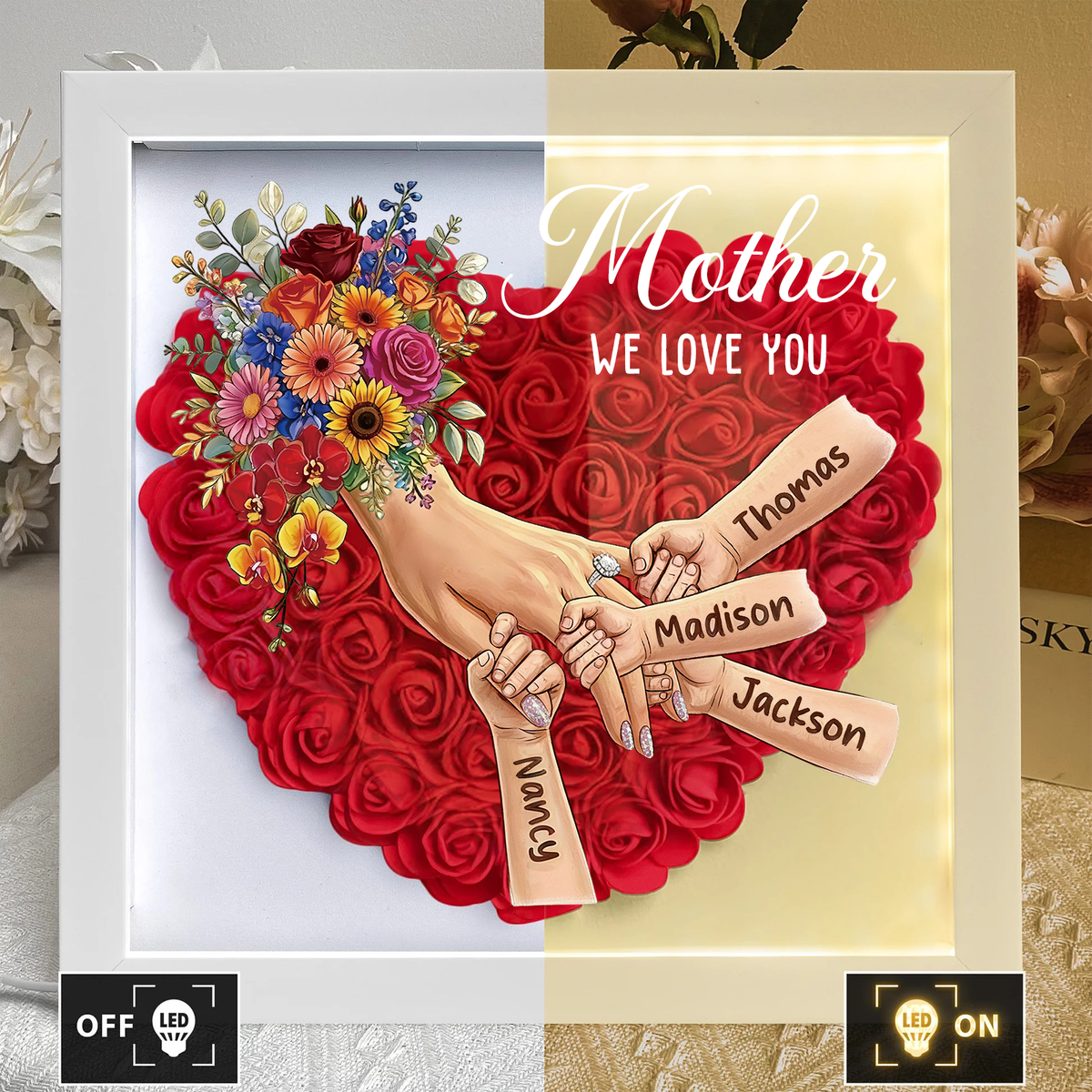 (LED-Schattenbox) Mama hält Händchen – Individuell gestaltbarer Rahmen mit Kindernamen, Blumenherz und Beleuchtung – Geschenkidee zum Muttertag für Mama und Oma