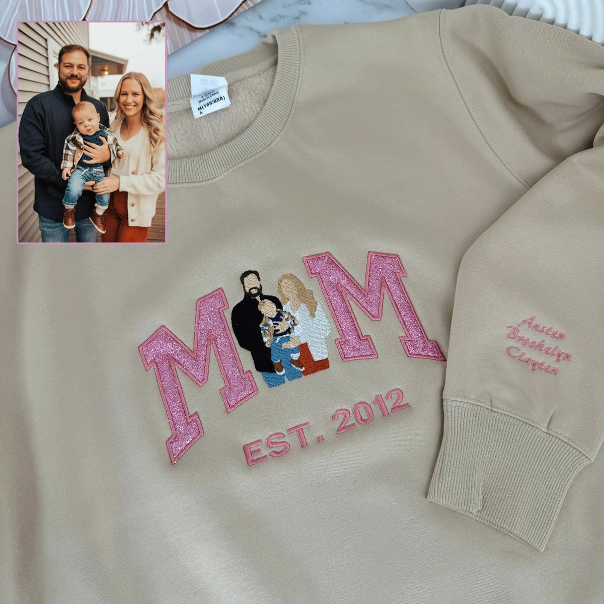 Personalisiertes, besticktes Glitzer-Sweatshirt/Hoodie mit Familienfoto