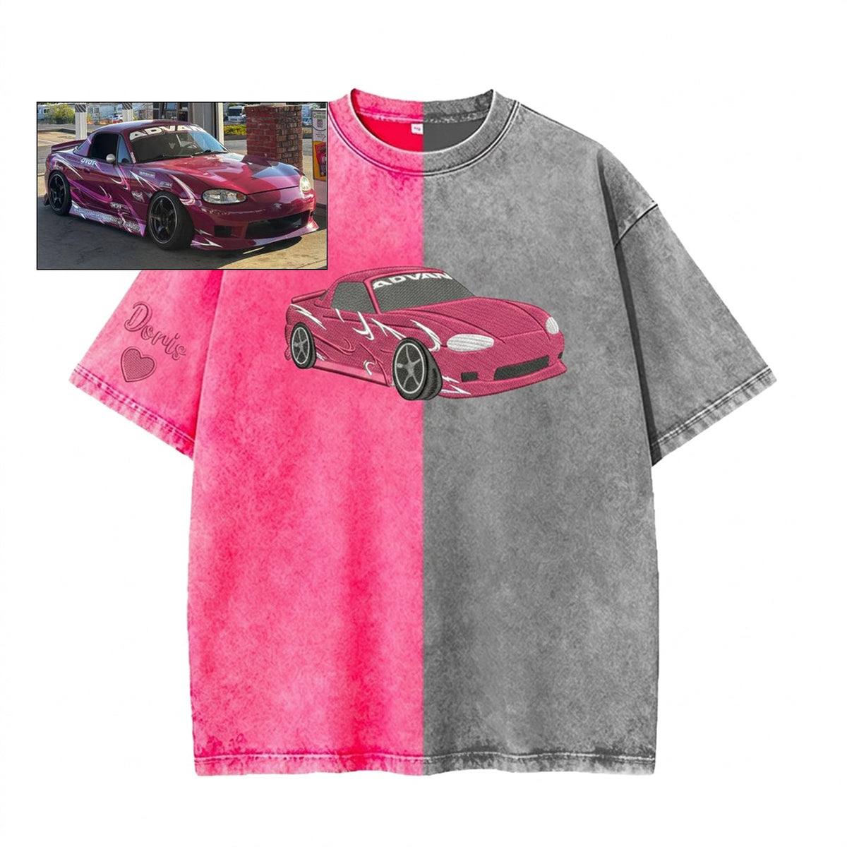 Maßgeschneidertes zweifarbiges Vintage-Wasch-T-Shirt mit vollfarbiger Auto-Stickerei – Personalisiertes Geschenk mit Autofoto 🚗